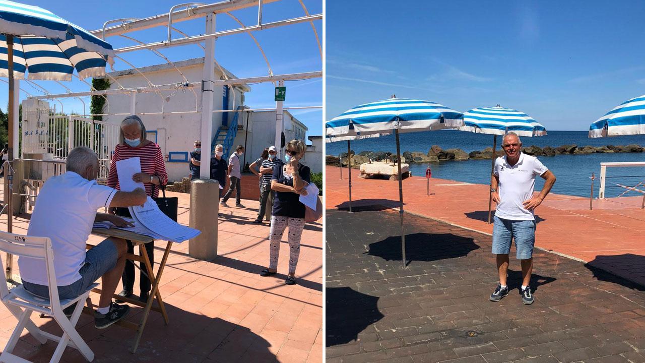 A sinistra la fila dei clienti all’ingresso dei bagni Lido per sottoscrivere l’abbonamento, a destra Riccardo Ganni, amministratore delegato dei Lido tra gli ombrelloni a distanza di sicurezza