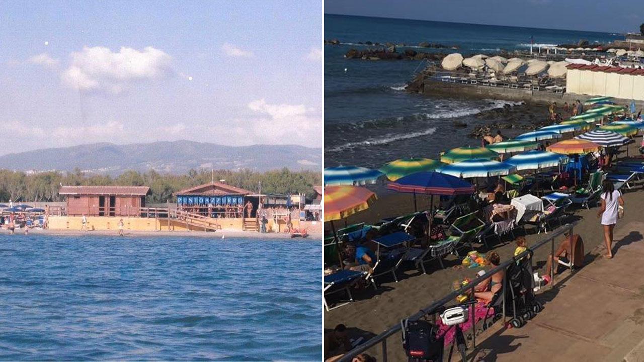 A sinistra una veduta dal mare di uno dei Punti azzurri di Vada, a destra l’area del Punto azzurro a Caletta dove vengono fornite attrezzature a noleggio
