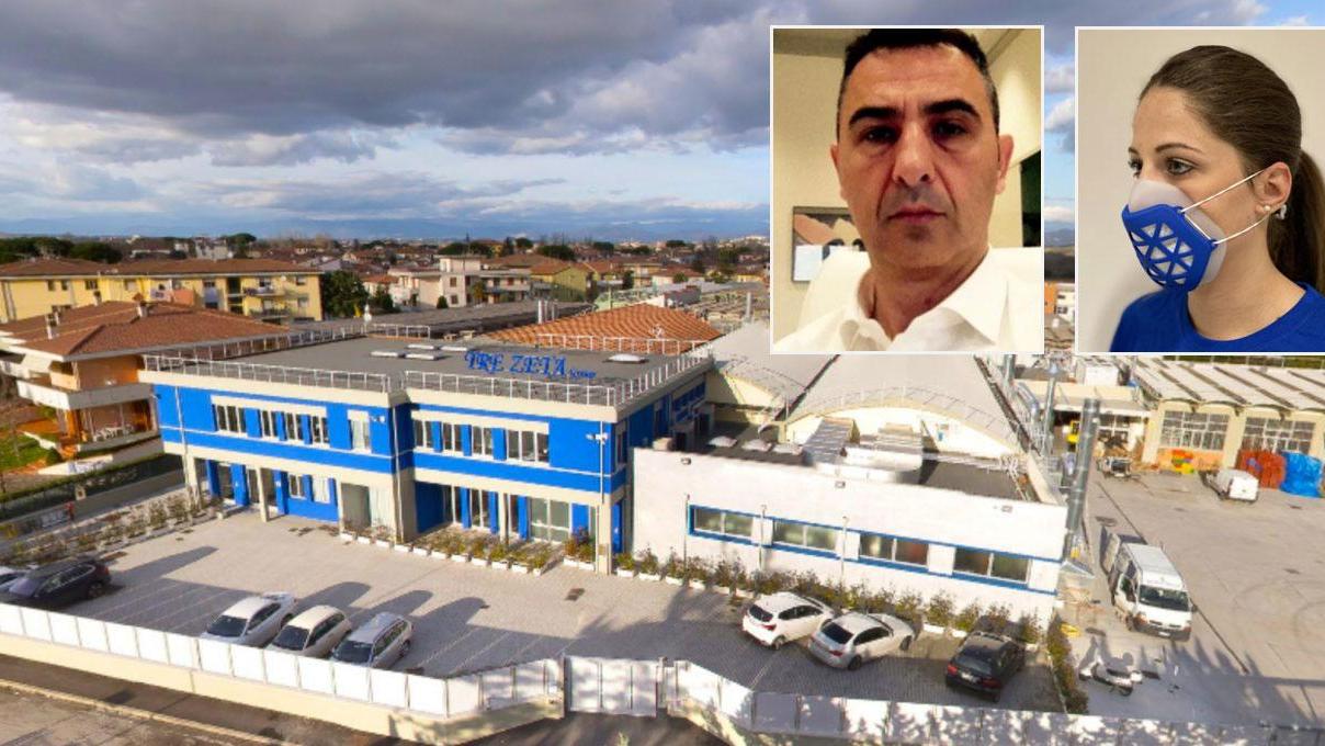 L’esterno della fabbrica di San Donato; nei riquadri Walter Zappolin e una delle mascherine prodotte dalla Tre Zeta
