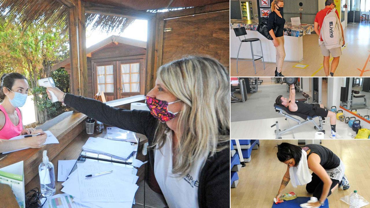 Si misura la febbre all’entrata della palestra Morphè (foto Pabar), in alto Morphè, percorsi segnalati per entrare e uscire (foto Pabar), sotto l’interno della palestra Living Club (foto Pabar) ed infine Body Line, una ragazza sanifica dopo un esercizio (foto Pabar)