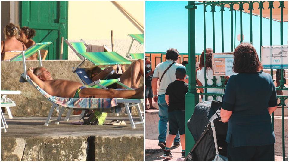 Ai bagni Pancaldi si potrà stare sul lettino o sulla sdraio (come nelle foto), tolti gli ombrelloni, clienti all’ingresso per avere informazioni sulla stagione