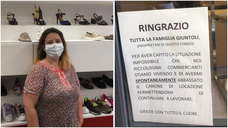 Chiara Michelotti, figlia della titolare di “Scarpe No Box” e il cartello che è stato appeso fuori dalla porta d’ingresso per ringraziare il proprietario del fondo