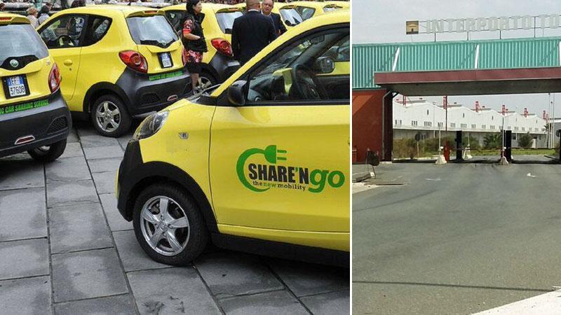 Un gruppo di micro-car gialle di “Share’ngo” all’insegna dell’auto condivisa, sullo sportello il logo della spina elettrica verde. A destra: uno degli ingressi dell’interporto di Guasticce, qui avrebbe dovuto decollare il business prima dell’avvento di Yousif Majd al timone della società