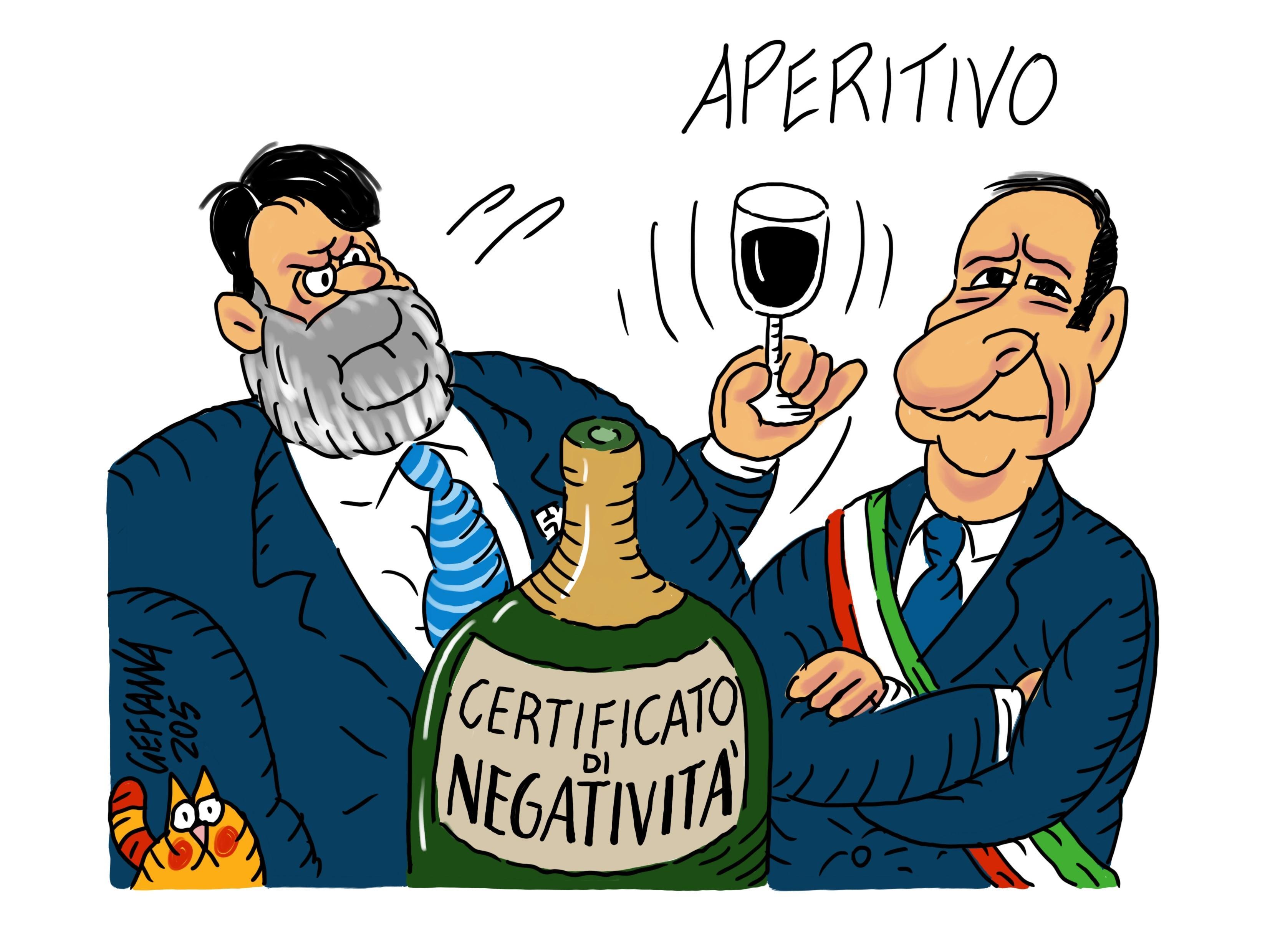La vignetta di Gef: il duello Solinas-Sala tra certificato di negatività e "famigerati aperitivi"