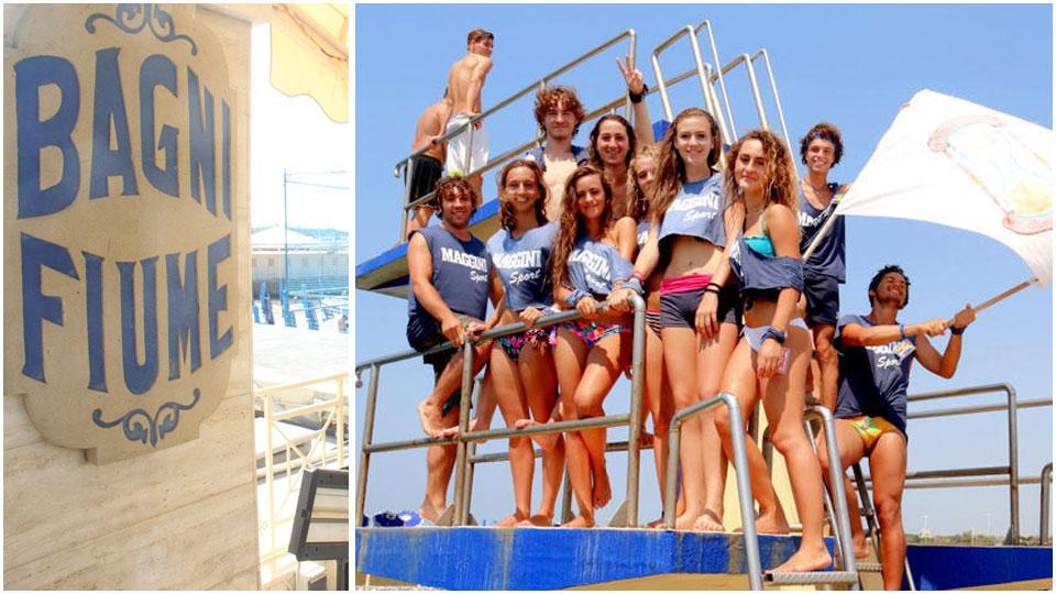 L’ingresso storico dei bagni Fiume sul viale Italia e foto di gruppo sul trampolino dei Fiume nell’era pre-Covid