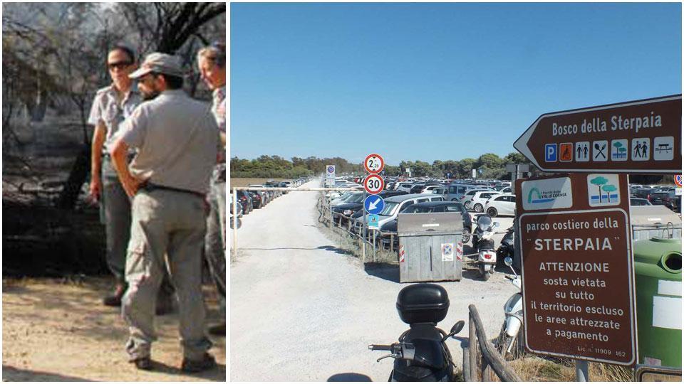 Il personale Parchi in divisa grigia durante un controllo nel parco della Sterpaia e il parcheggio di Carlappiano nel parco costiero della Sterpaia