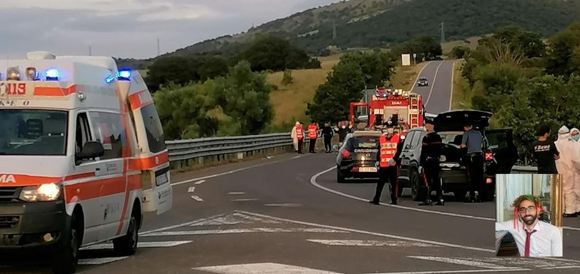 Nella foto di Elena Corveddu il luogo dell'incidente e, nel riquadro, la vittima Antonio Carruale