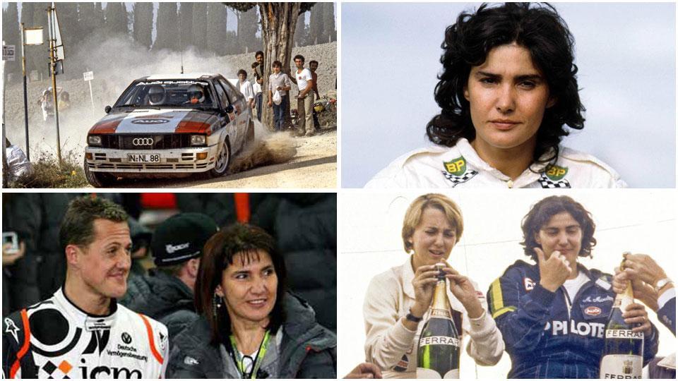 Michèle Mouton durante una prova speciale, con Michael Schumacher alla Race of Champions e con Fabrizia Pons dopo il successo al Rally di Sanremo 1981
in alto