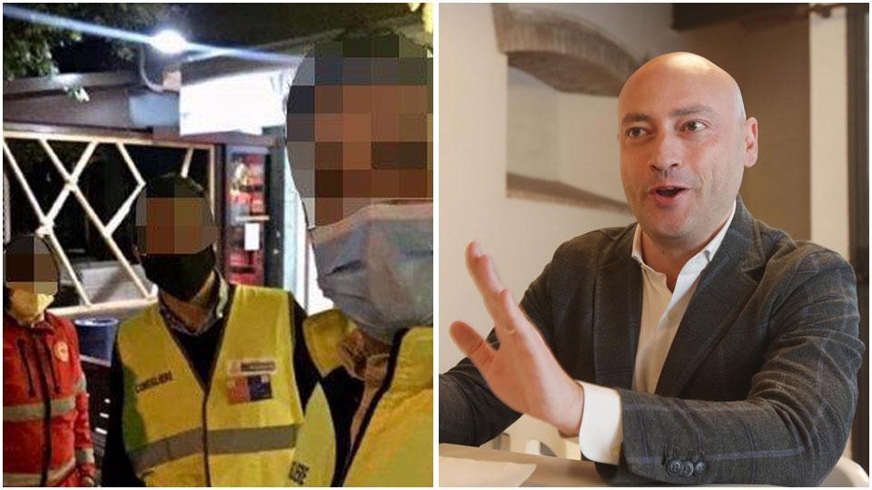 Due consiglieri con la pettorina gialla e la scritta “consigliere” assieme ai volontari della Crocerossa incaricati di controllare la regolarità della movida e Ennio Rucco