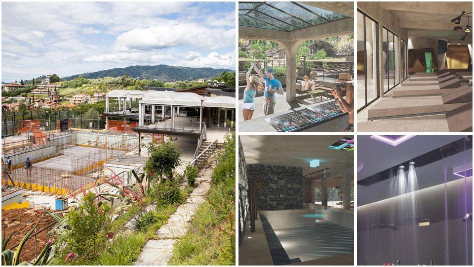 Il progetto, a cantiere aperto, ècomunque visibilmente importante, come si nota nella foto che riprende la piscina, il dj in una serra in mezzo al verde, sdraio nella zona giorno, la piscina coperta e la doccia sensoriale