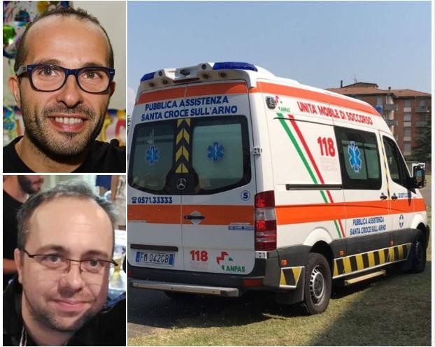 Dall’alto Nicola Di Leva e Fabio Sollazzi. Nella foto grande un’ambulanza della Pubblica Assistenza