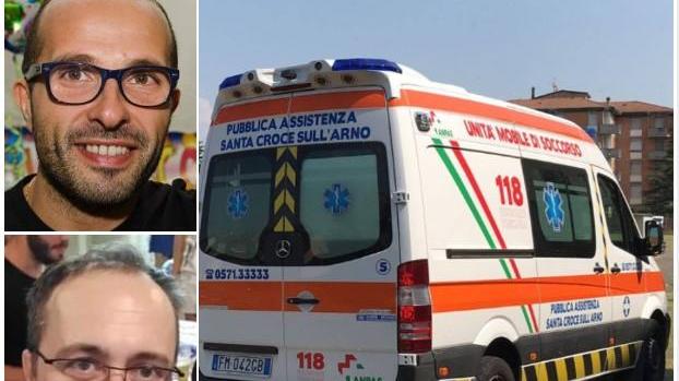 Dall’alto Nicola Di Leva e Fabio Sollazzi. Nella foto grande un’ambulanza della Pubblica Assistenza