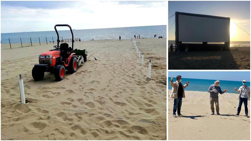 Opere di allestimento al Bagno degli Americani all’insegna del distanziamento sociale, il maxi schermo con cui si vorrebbe proiettare le partite del Pisa sulla spiaggia e le prove di distanziamento sociale