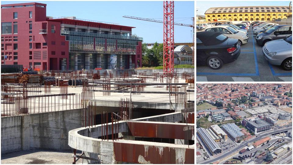 Il cantiere fermo dal marzo 2014; il parcheggio San Giorgio, l’unica opera pubblica completata dalla Giusti edilizia e una panoramica dell’area ex Breda