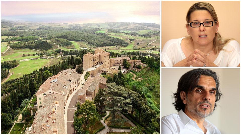 Una veduta del borgo di Castelfalfi, una perla del territorio di Montaione, la sindaca di Cerreto Guidi Simona Rossetti e Paolo Campinoti, sindaco di Gambassi Terme.