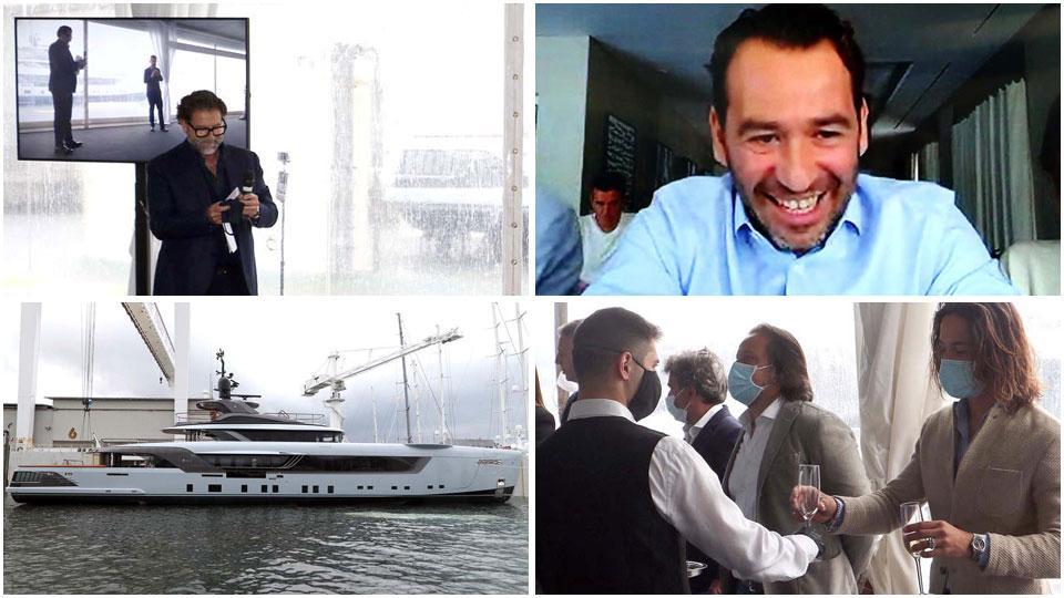 Alcuni momenti del varo di Geco. A sinistra Giovanni Costantino e l’armatore greco Costas Cleanthous e alcuni momenti del battesimo in mare del gioiello realizzato da Italian Sea Group. Per tutta la durata del varo agli ospiti presenti nella tensostruttura al coperto per poter seguire tutte le fasi della cerimonia è stato offerto champagne ghiacciato
