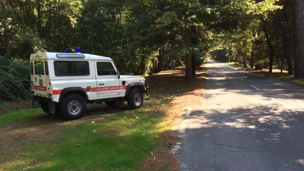 Un mezzo della polizia municipale nel viale dei Tigli
