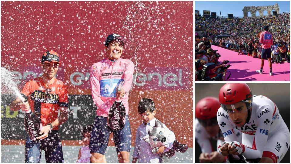 Richard Carapaz, colombiano della Movistar, ultimo vincitore del Giro d’Italia festeggia sul podio accanto a Vincenzo Nibali, il colombiano in mezzo allo strabocchevole pubblico all’Arena di Verona e Fabio Aru, il sardo che dovrebbe essere al via del Giro 2020 per cercare riscatto dopo qualche stagione grigia