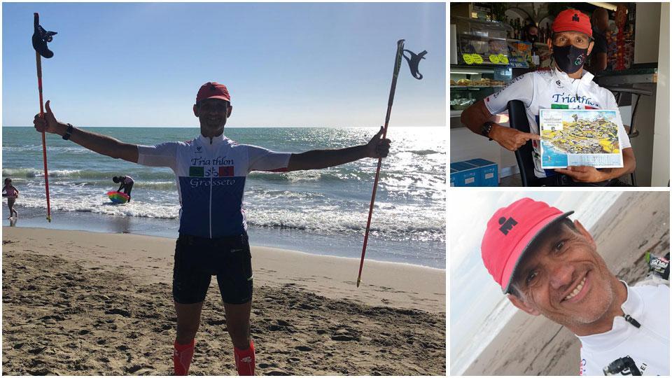 Petrucci durante una sosta nella massacrante corsa e di nuovo sulla spiaggia di Marina di Grosseto al traguardo finale