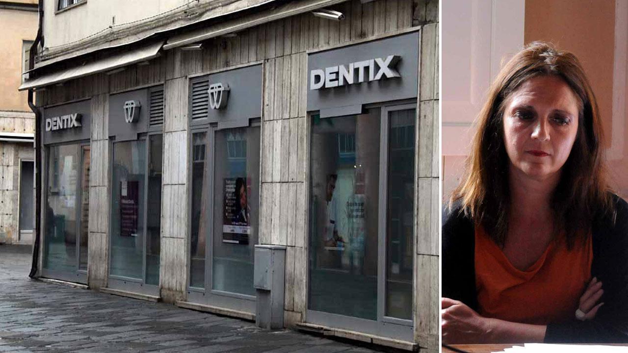 Francesca Galloni, legale di Confconsumatori e una veduta della sede di piazza Bertagnini dello studio odontoiatrico Dentix
