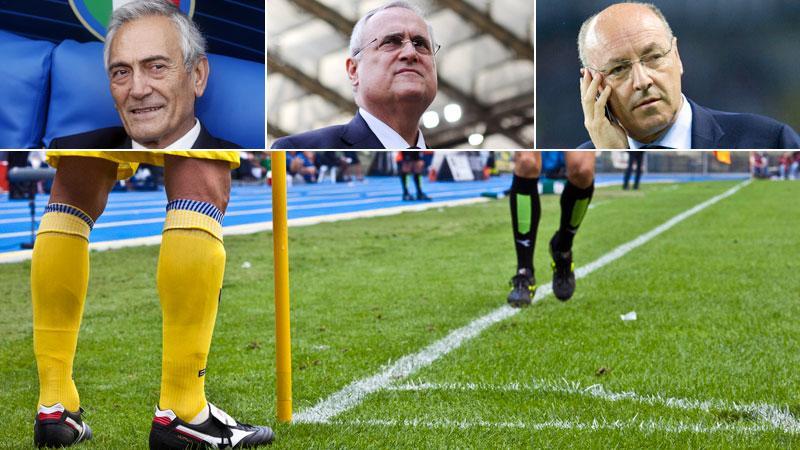 La Figc ha sancito le regole per la ripartenza del calcio italiano. In alto il presidente della Federcalcio Gabriele Gravina e due tra i grandi sconfitti della giornata, Lotito e Marotta