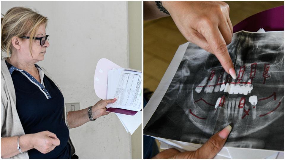 La signora Edi Traversari mostra la cartella con i documenti dei finanziamenti accesi presso Dentix e una radiografia fatta dai dentisti