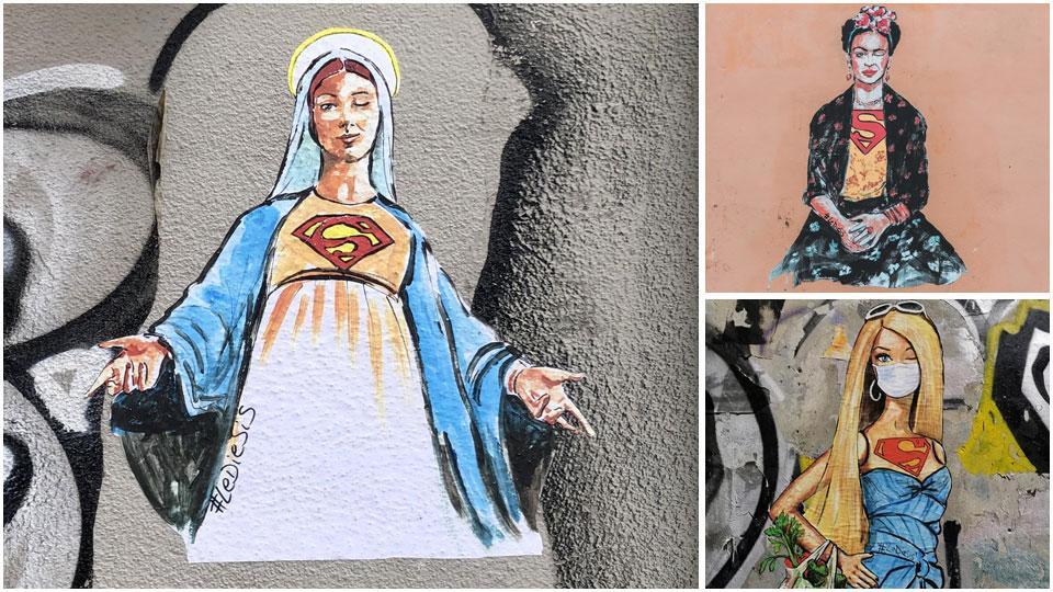 Una versione “superdonna” della Madonna, in via Pelletier, Frida Kalho con la “s” dei superpoteri “nascosta” sugli Scali delle Pietre e Barbie, una delle superdonne che sono state realizzate in questi ultimi mesi dal collettivo Lesdiesis in alcune città d’Italia dove hanno operato