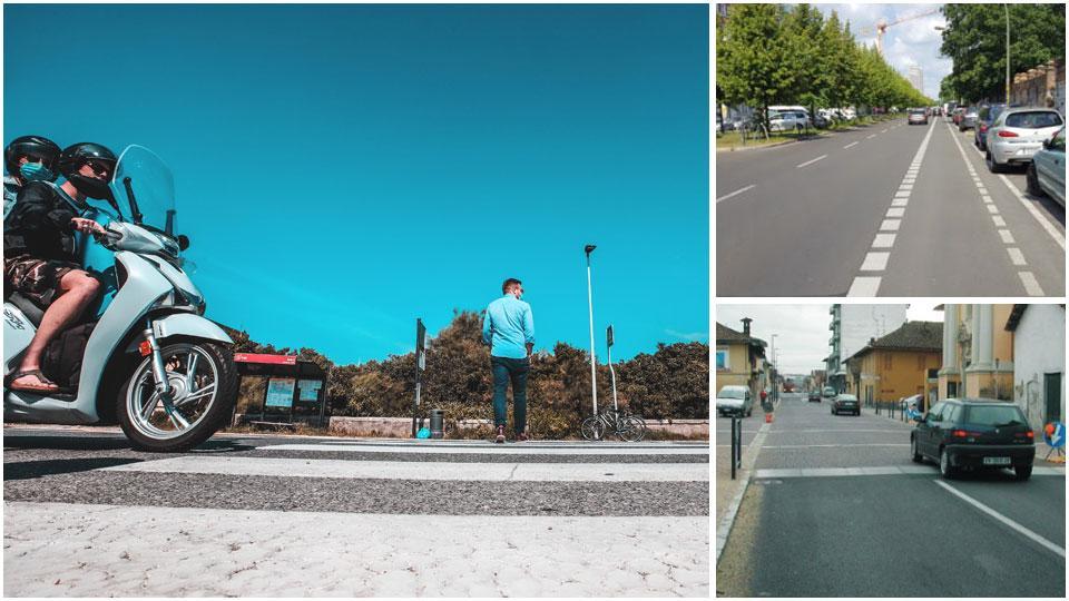 Uno degli attraversamenti pedonali lungo viale Italia, una corsia ciclabile, con la linea tratteggiata che indica l’area per i ciclisti e un esempio di piazza traversante a Carmagnola, in provincia di Torino: attraversamento pedoni rialzato