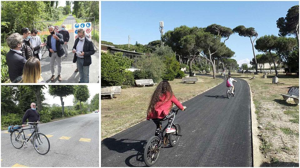 I consiglieri comunali e gli assessori che hanno preso parte al sopralluogo lungo il percorso della pista ciclabile ieri pomeriggio, uno degli attraversamenti ritenuti pericolosi e da mettere in sicurezza con segnaletica luminosa e uno scorcio del percorso non ancora ultimato ma già frequentato da numerosi ciclisti