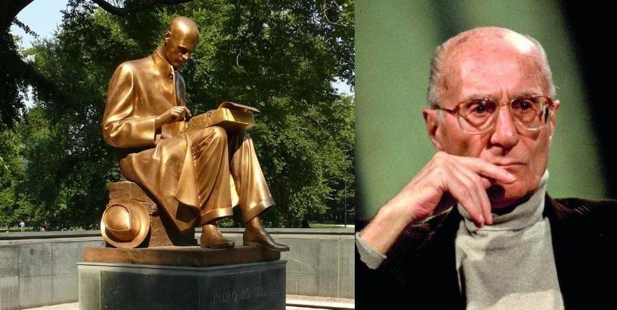 La statua dedicata a Indro Montanelli a Milano, a destra un'immagine del giornalista