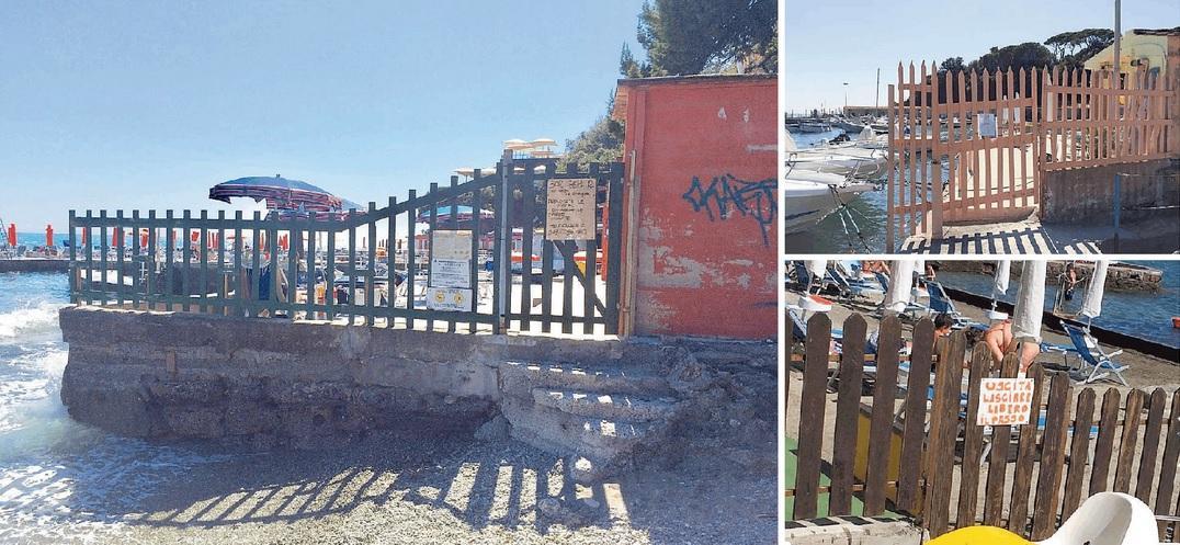 Nella foto grande il cancello che, verso sud, separa la Conchiglia da una piccola spiaggia libera. A destra, in alto, il cancello sul lato sud dello stabilimento Tre Scogli e, sotto, il cancello che, in direzione nord, separa la spiaggia libera dallo stabilimento Etruria (foto Michele Falorni/Silvi)