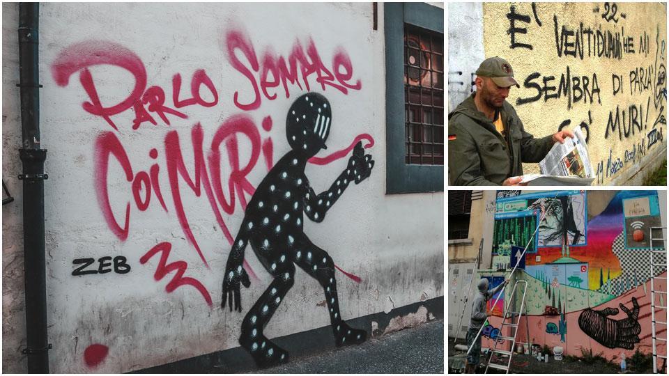 Il murale di Pupo Bibbito in via Forte San Pietro all'angolo di via Santa Caterina, David Fedi fotografato prima della sua misteriosa scomparsa davanti a uno dei suoi più famosi disegni, quello a cui si ispira il murale di Pupo Bibbito, un intervento in città di Pupo Bibbito e James Boy sul lato della torretta in via Pompilia