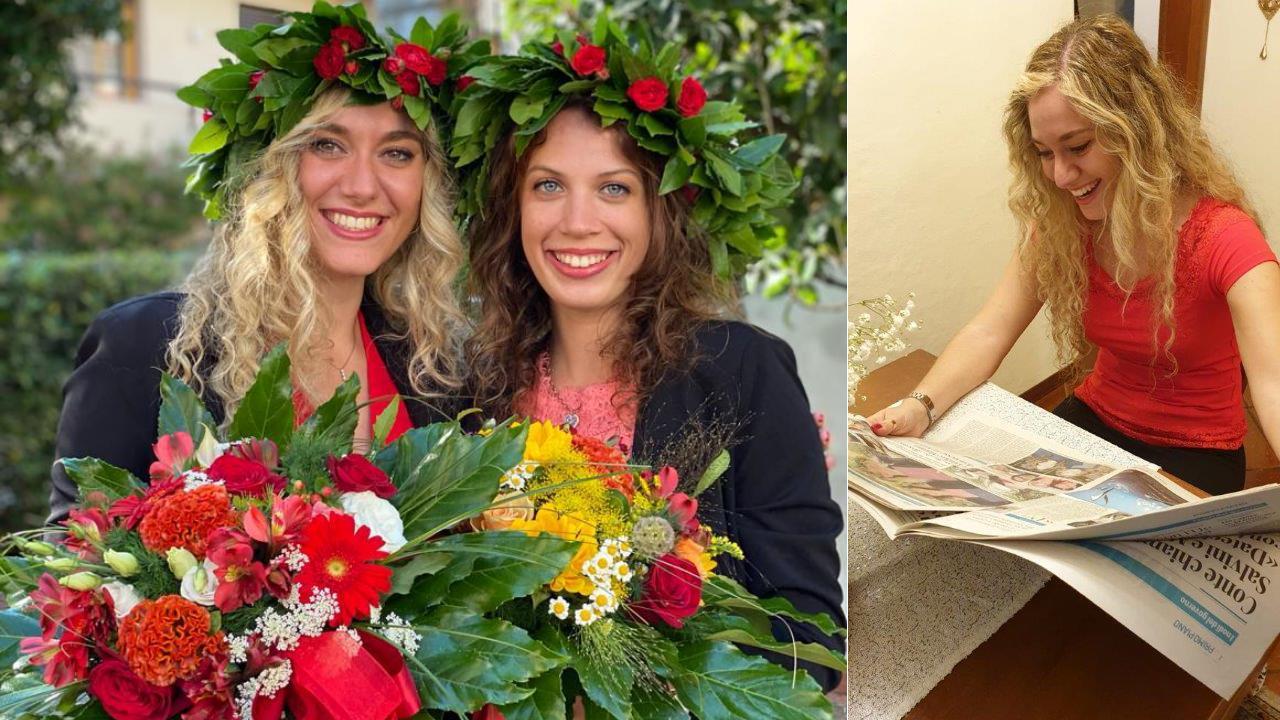 Nella foto a sinistra Martina Pera e Claudia Mazzei dopo la proclamazione; a destra la sorpresa di Martina mentre sfoglia Il Tirreno
