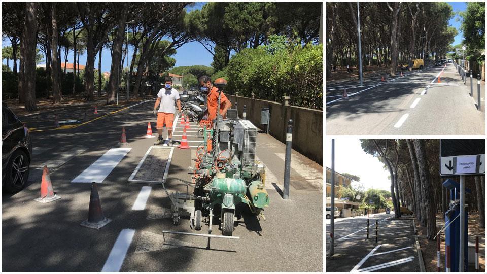 In viale Galliano gli operai del Comune al lavoro per dipingere di bianco le strisce blu. Ne hanno anche approfittato per rifare le strisce pedonali ormai sbiadite dal tempo