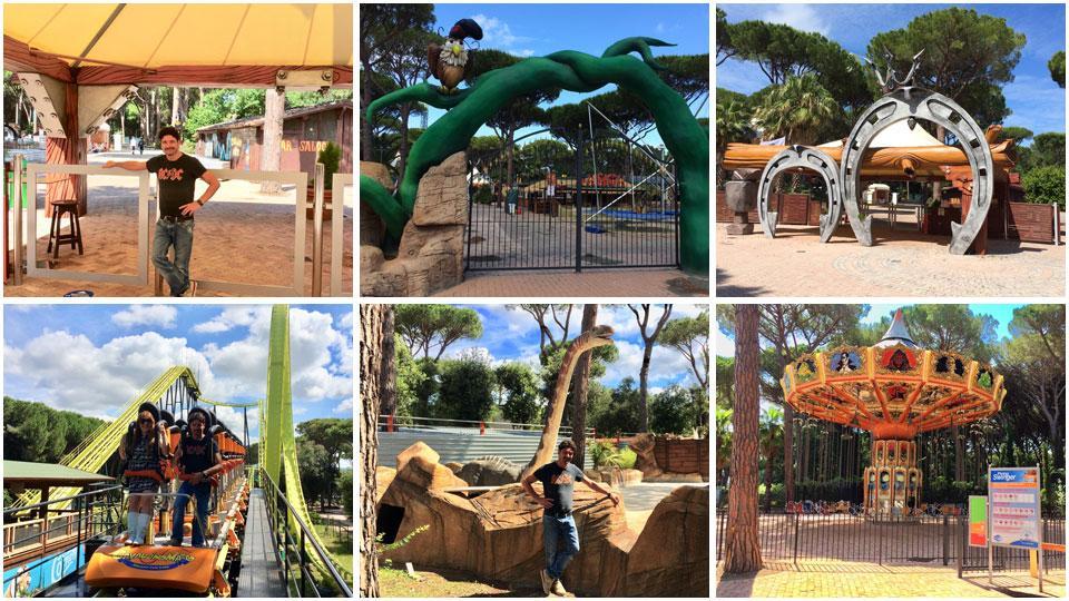 Nando Manfredini all’ingresso del parco Cavallino Matto, il cancello di ingresso al parco dei divertimenti, il tradizionale accesso al Cavallino Matto, l’attrazione dell’ottovolante in piedi, Manfredini nella zona del Jurassic river e la giostra con i sedili oscillanti