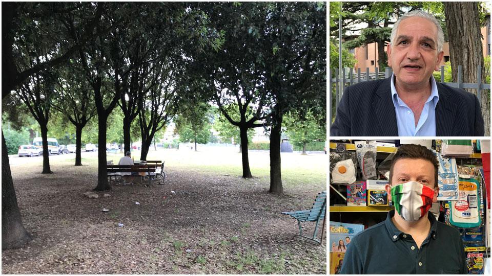 Il giardino di via Caduti della Croce, quasi deserto, Giovanni Mosca, ex presidente della circoscrizione oveste e Filippo Lorusso, titolare dell’edicola a due passi
dalgiardino