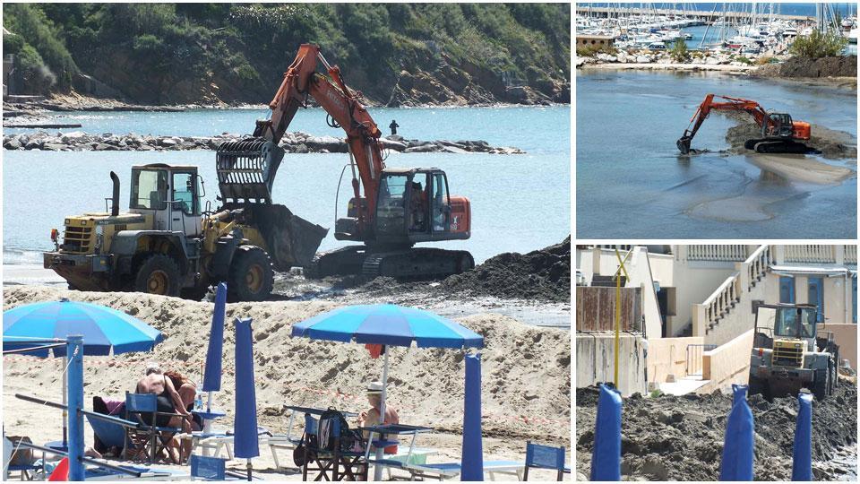 Lavori di ripascimento sulla spiaggia di Salivoli, ruspe e trattori tra gli ombrelloni, proteste tra i bagnanti e cantiere ancora fino sotto il “Nastro azzurro”