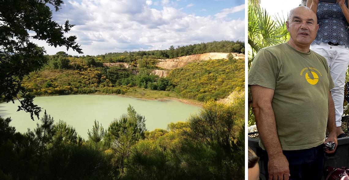 Il lago che si è formato in un'ex cava a Pietratonda, nel comune di Campagnatico, e, a destra, Luca Bececco dell'associazione Progetto Migratoria
