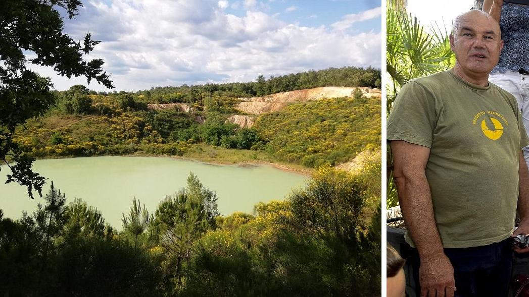Il lago che si è formato in un'ex cava a Pietratonda, nel comune di Campagnatico, e, a destra, Luca Bececco dell'associazione Progetto Migratoria