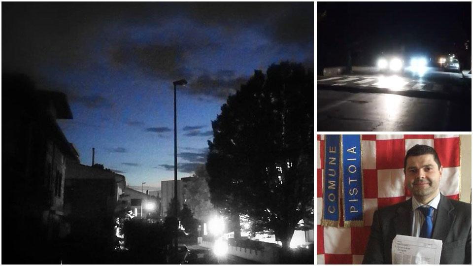 i lampioni spenti nella frazione di Bonelle, un’immagine della via Montalbano illuminata solo dai fari delle auto e l’assessore Alessio Bartolomei