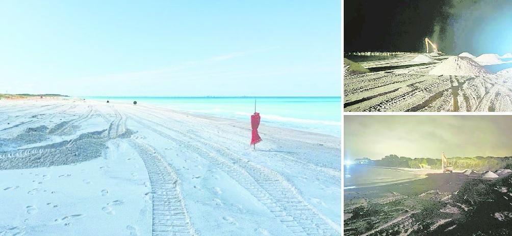 Nella foto grande uno scorcio delle Spiagge Bianche all’alba durante i lavori per la sistemazione della sabbia. A fianco due foto notturne dei camion della ditta Vanni che spianano i cumuli di sabbia nel tratto di arenile della Mazzanta di Vada