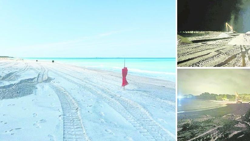 Nella foto grande uno scorcio delle Spiagge Bianche all’alba durante i lavori per la sistemazione della sabbia. A fianco due foto notturne dei camion della ditta Vanni che spianano i cumuli di sabbia nel tratto di arenile della Mazzanta di Vada