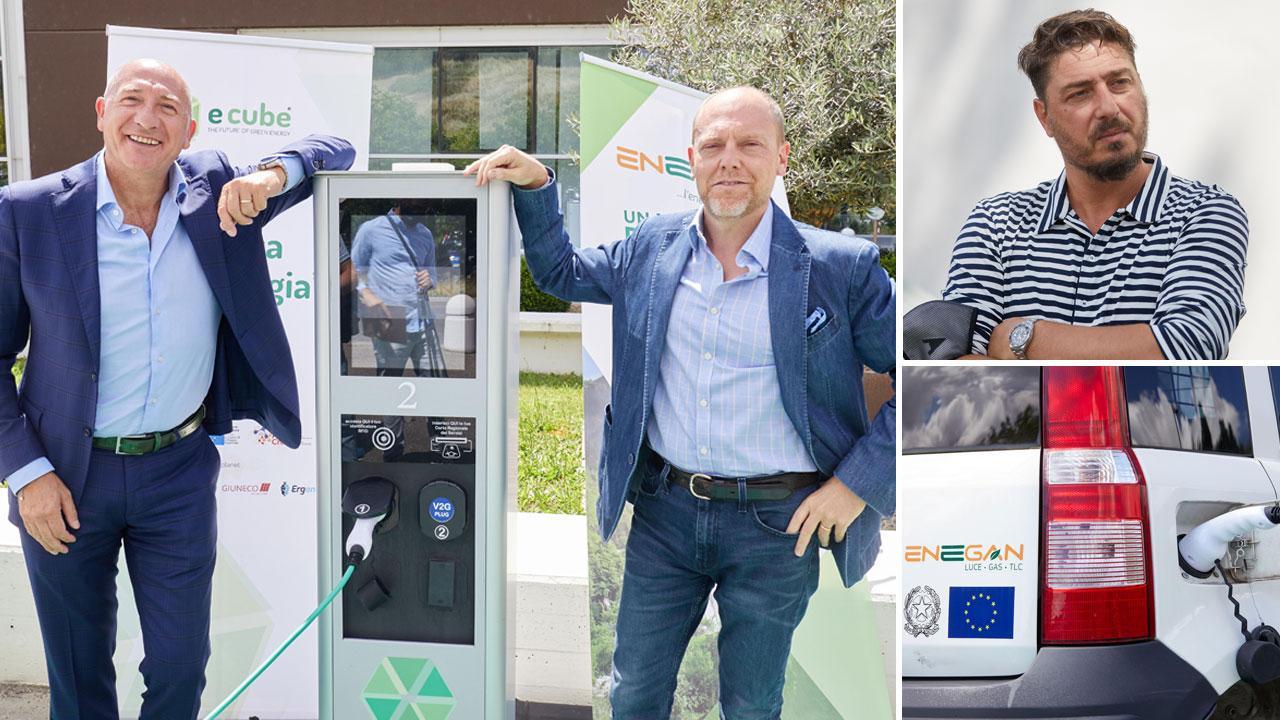 Sopra Maurizio Castagna e Walter Bucelli di Enegan Spa con una centralina, a destra in alto Giampaolo Morelli dell’azienda Pellemoda che ha ospitato “E-Cube”, in basso un’auto elettrica. (Foto Sestini)