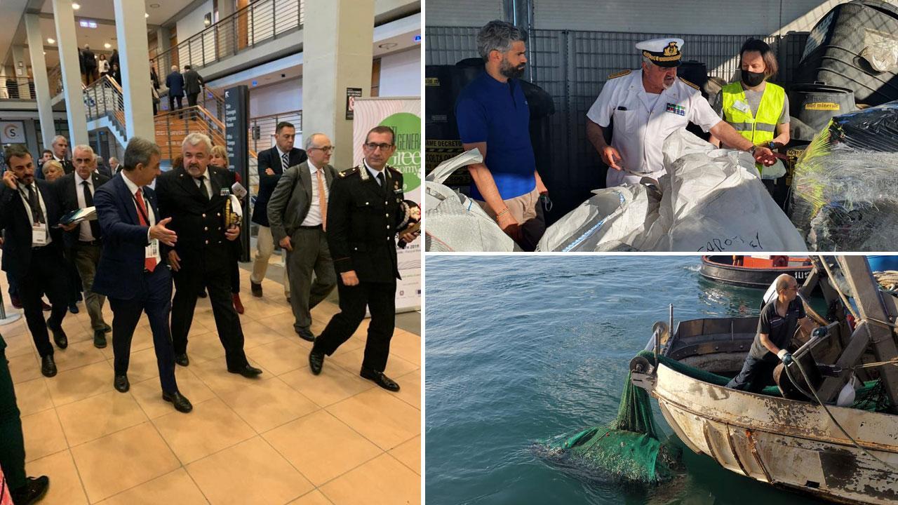 Sopra il ministro Costa con il contrammiraglio Caligiore, in alto il sopralluogo del commissario a Piombino e l’ultima ecoballa recuperata