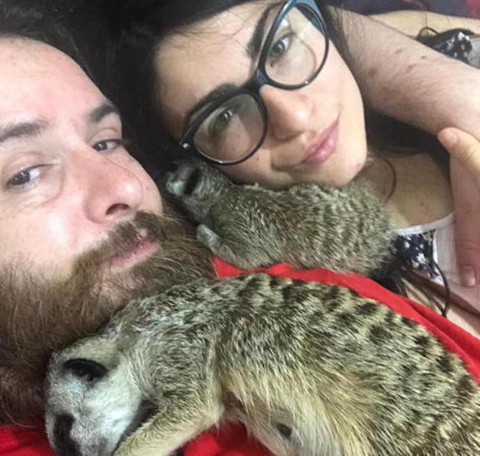 Andrea Barbieri e Veronica D’Angelo abbracciati a due suricati
