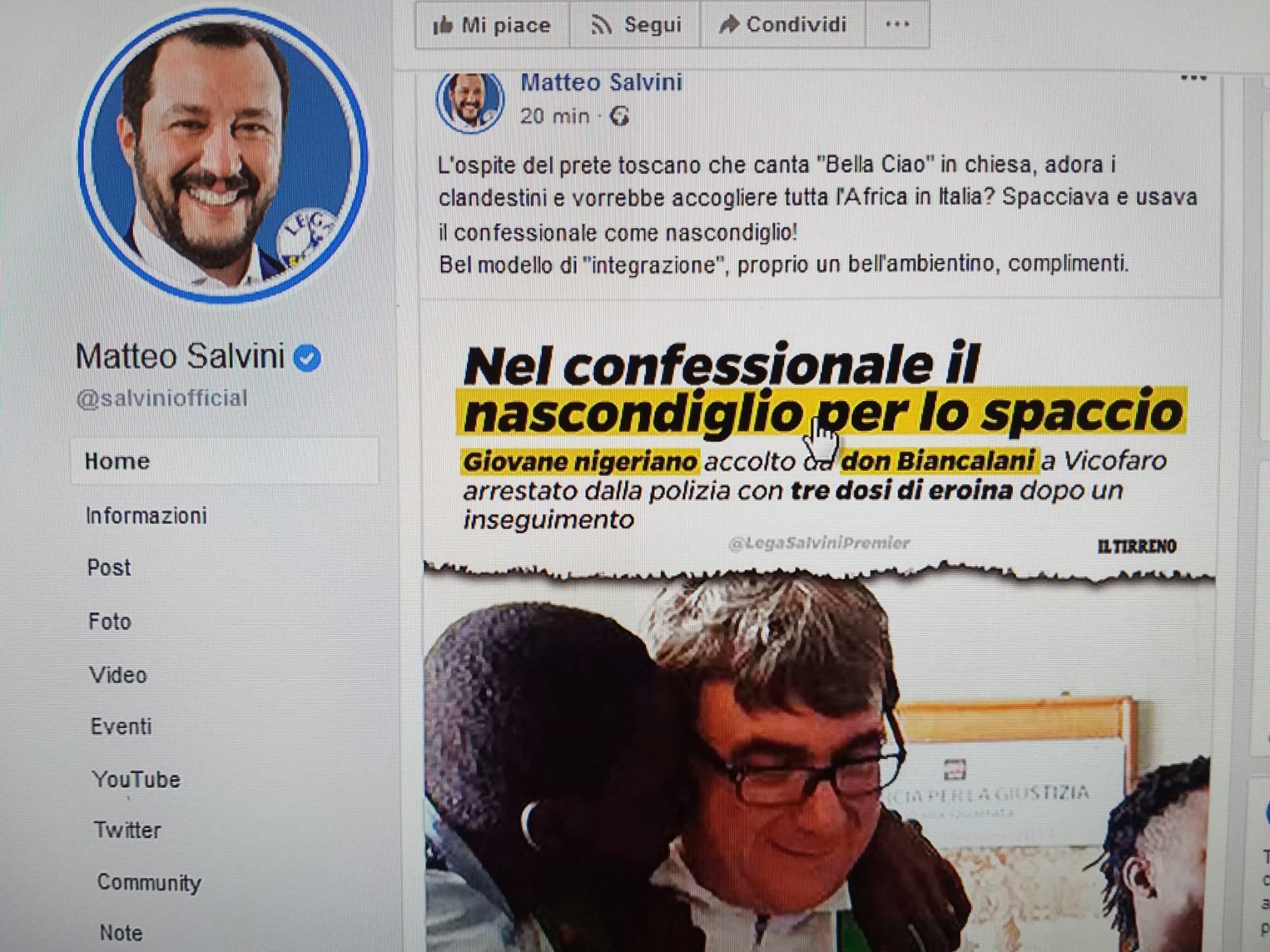 Il post su Facebook di Matteo Salvini