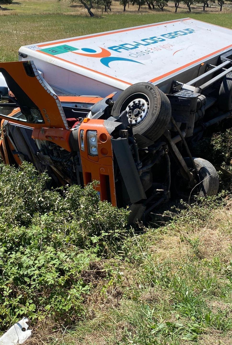 Si ribalta un camion e finisce in cunetta