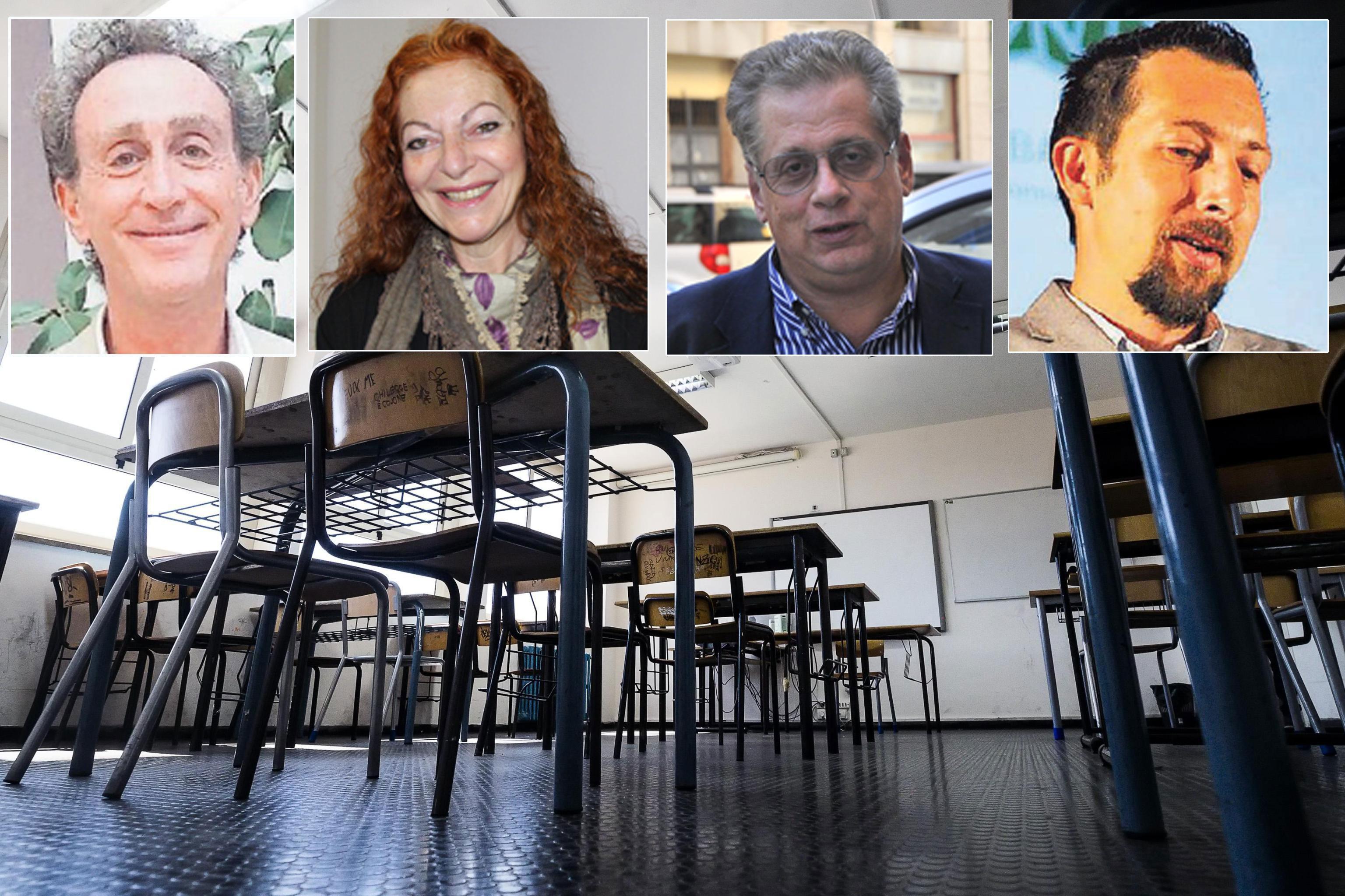 Una classe vuota per i decreti anti-Covid. A sinistra, dall’alto: Andrea Simonetti, Manuela Mariani, Fulvio Corrieri e Rino Bucci