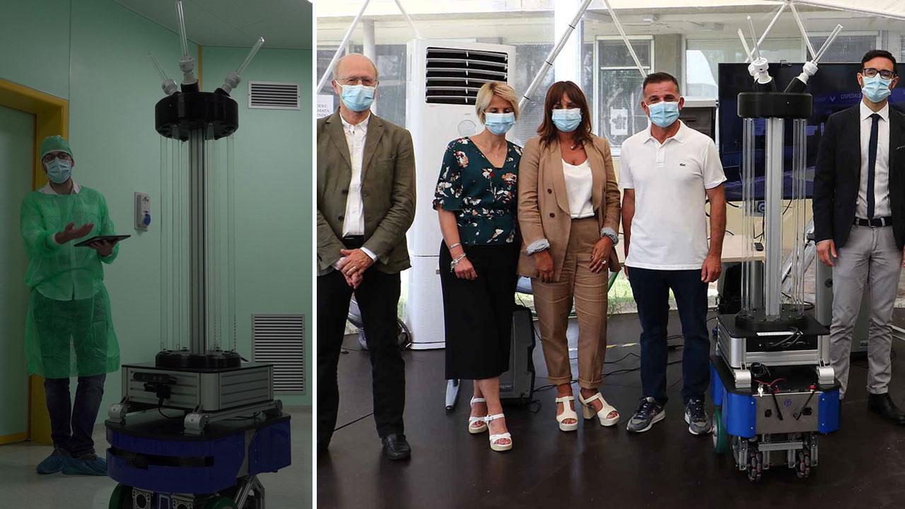 A sinistra il robot Mover Uvc all’interno dei reparti dell’Opa a destra la consegna del robot all’ospedale del cuore con parte della squadra che lo ha realizzato