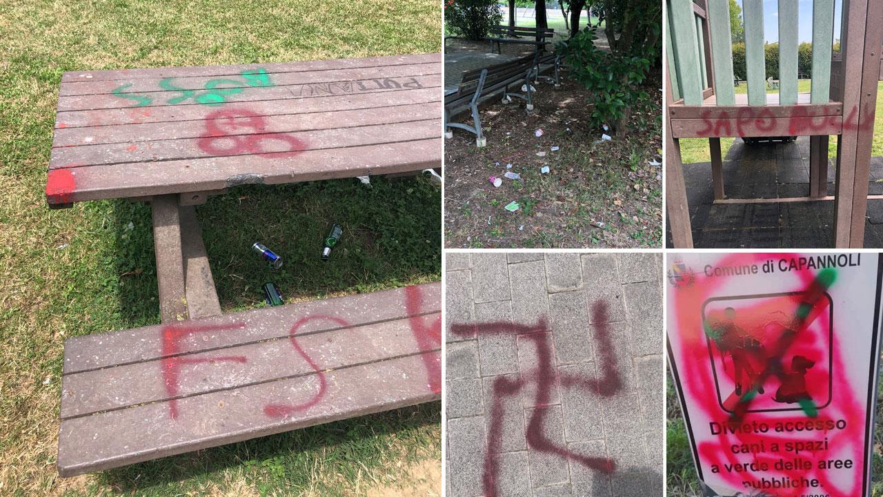 Spray, rifiuti e inciviltà: parco pubblico sfregiato spunta anche la svastica 